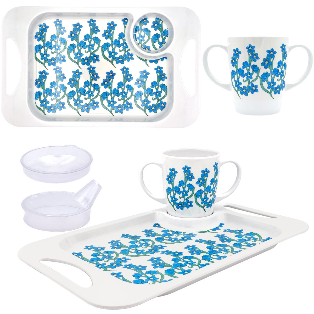 Tray and mug set with blue floral forget-me-not design on white background