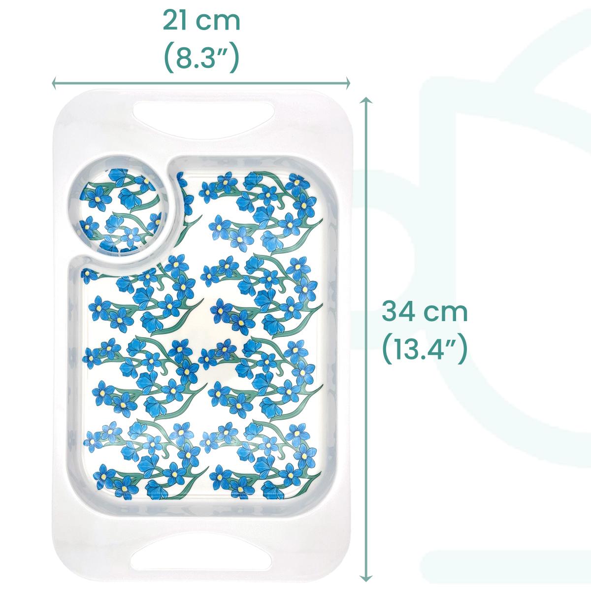 Moulded tray with blue floral forget-me-not design and dimensions on a white background