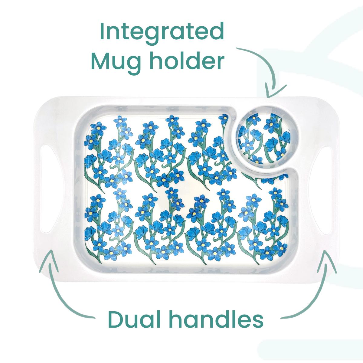 Forget-me-not tray with integrated mug holder and dual handles on a white background