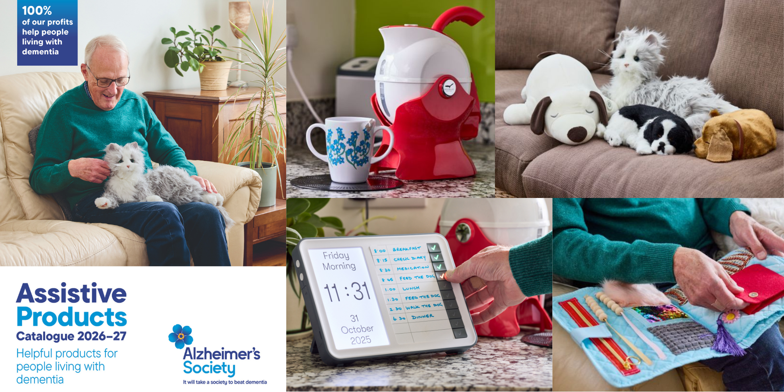 Collage of images related to assistive products for people with dementia, featuring a man with a pet, a product on a table, pets on a couch, and a person using a device.