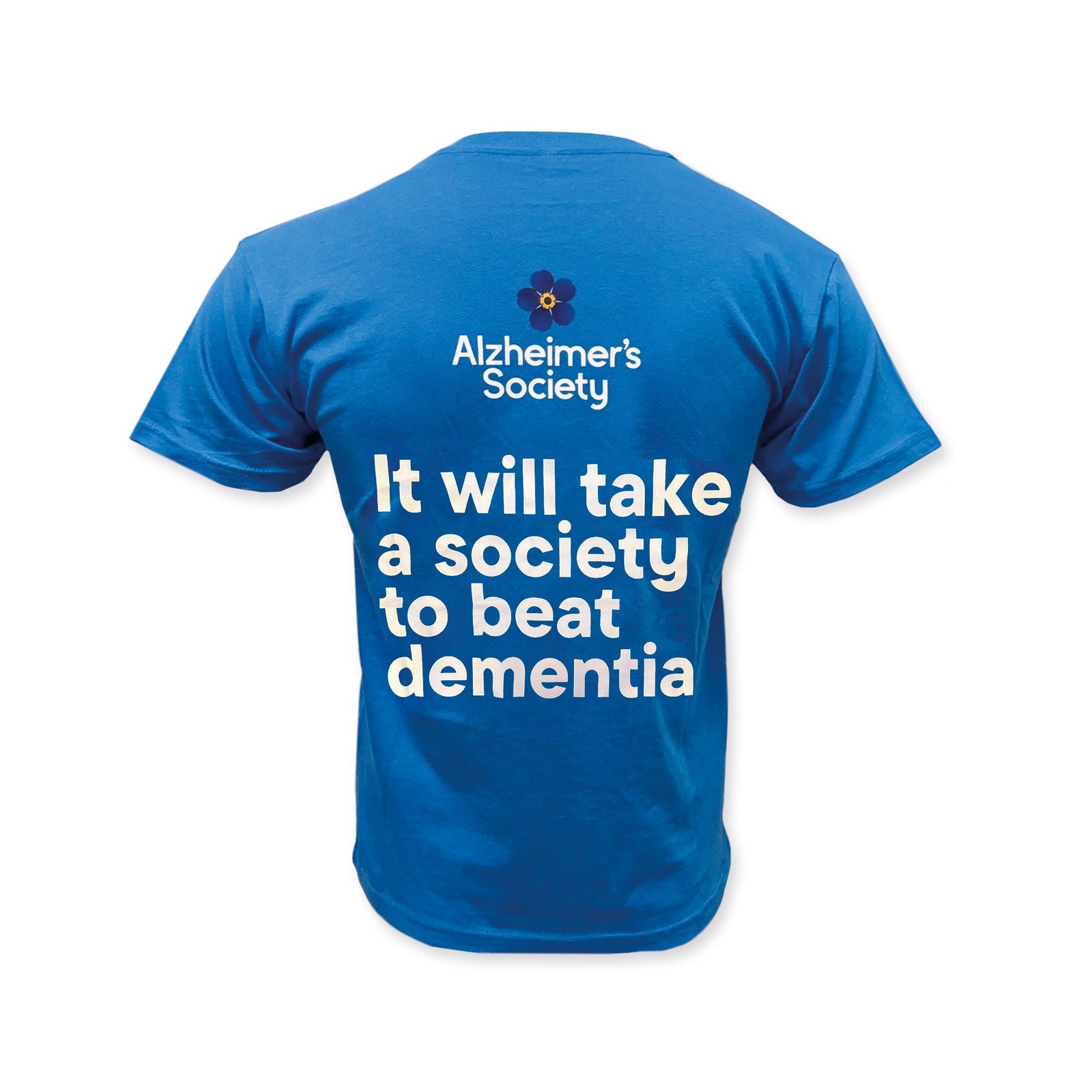 Blue t-shirt with Alzheimer's Society logo and text on a white background
