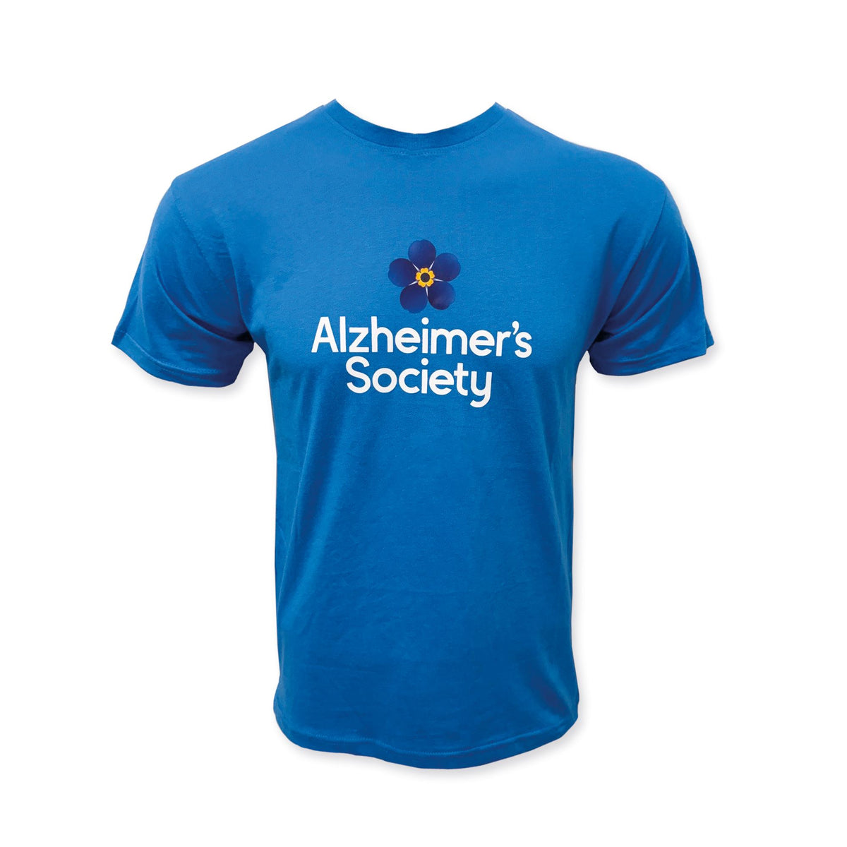 Blue t-shirt with Alzheimer's Society logo on a white background