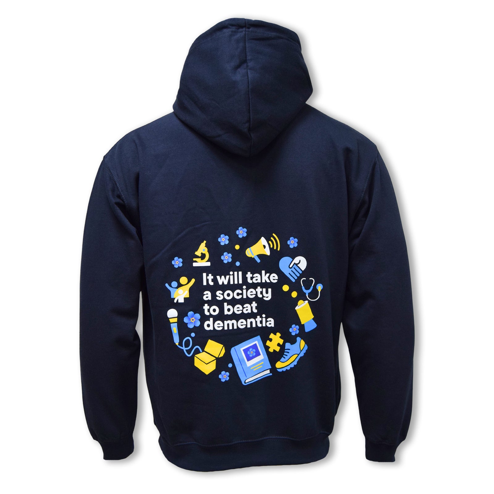 Navy blue hoodie with It will take a society to beat dementia and images on  the back on a white background.