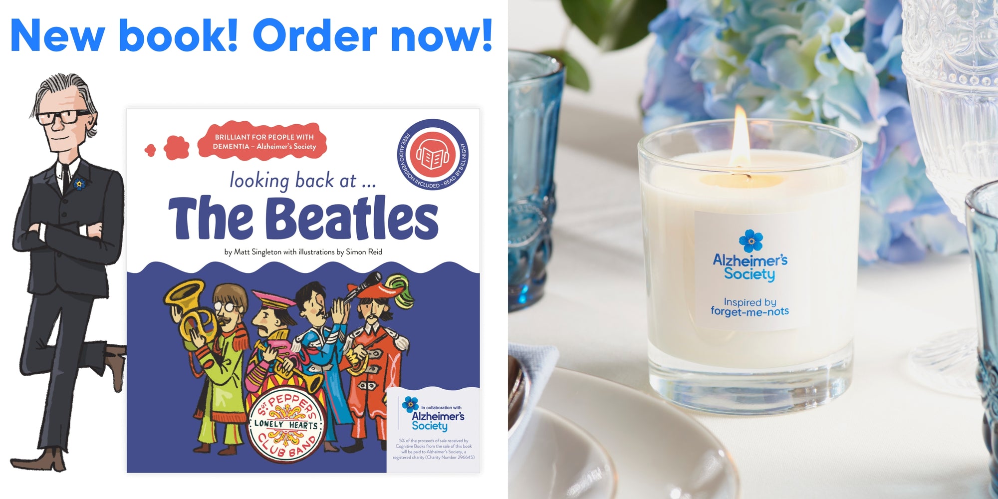 Book with a cartoon of Bill Nighy as he reads the audio book of the new Beatles book and an exclusive candle on a pretty wedding table
