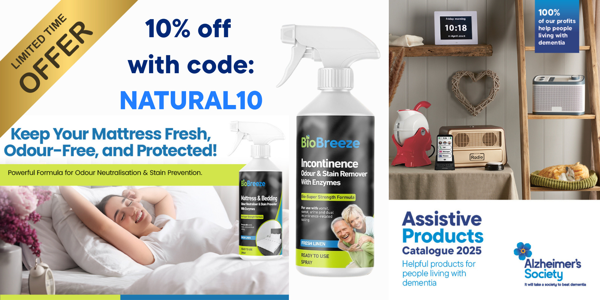 New assistive products catalogue cover featuring products as well as a 10% code NATURAL10 on BioBreeze products this May 2025.
