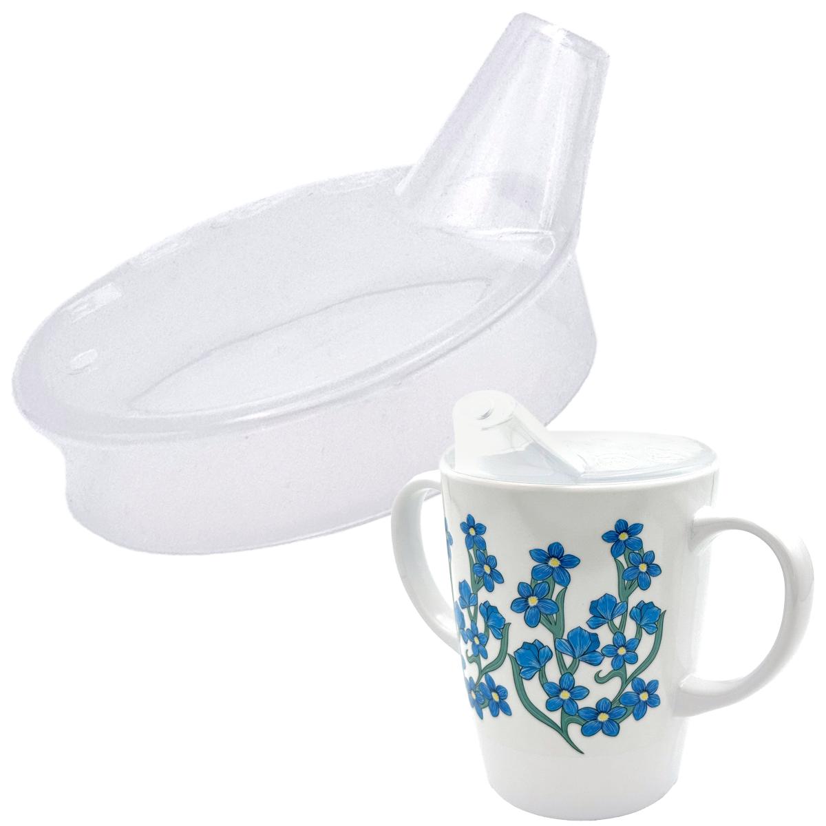 White mug with blue floral forget-me-not pattern and clear plastic spouted lid on a white background