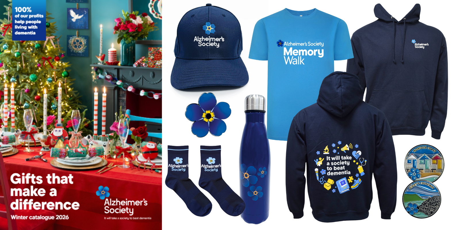 A catalogue cover with the wording 'Gifts that make a difference' with red festive Christmas tablecloth and crackers and candles on the table alongside blue clothing, pin badges and water bottles featuring the Alzheimer's Society forget-me-not branding, Memory Walk and slogan It will take a society to beat dementia.