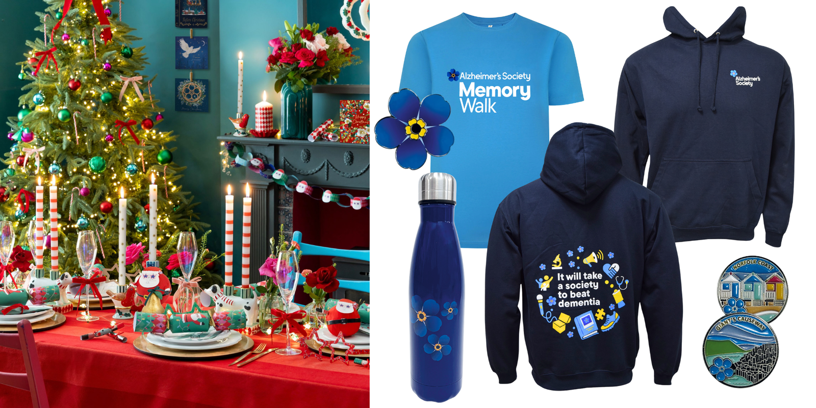 A Christmas-themed collage showing a decorated Christmas table on the left, Christmas cards on the wall and fireplace and several merchandise items on the right: a bright blue t-shirt with 'Alzheimer's Society Memory Walk' text, a navy hoodie with a small white logo, a navy pullover hoodie with a colourful graphic, a dark blue water bottle with forget-me-not graphics, and two trek pin badges