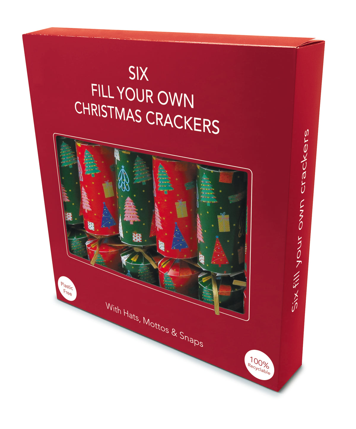 Red box of &#39;Fill Your Own Christmas Crackers&#39; with festive designs on a white background