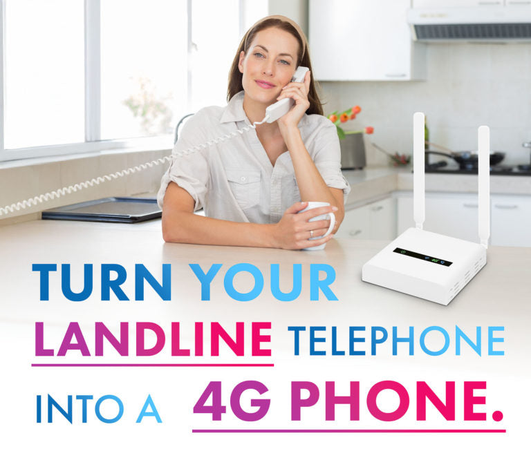 A woman sitting at a kitchen table holding a white corded landline phone receiver, with a white 4G wireless router beside her. Large text at the bottom reads, 'TURN YOUR LANDLINE TELEPHONE INTO A 4G PHONE.