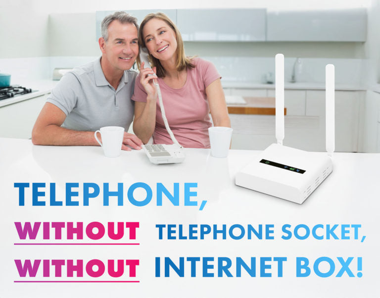 A man and woman sitting at a kitchen table with a white router, white phone, and mugs, with large promotional text reading 'TELEPHONE, WITHOUT TELEPHONE SOCKET, WITHOUT INTERNET BOX!' overlaid across the bottom.