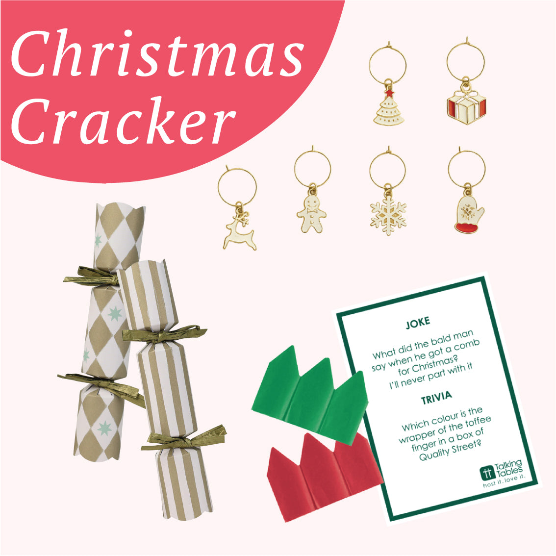 Christmas-themed pale pink background showing 6 gold-tone hanging metal charms, two wrapped paper cracker packages, a printed joke card, and red and green folded paper pieces. Large text at top left reads 'Christmas Cracker'.