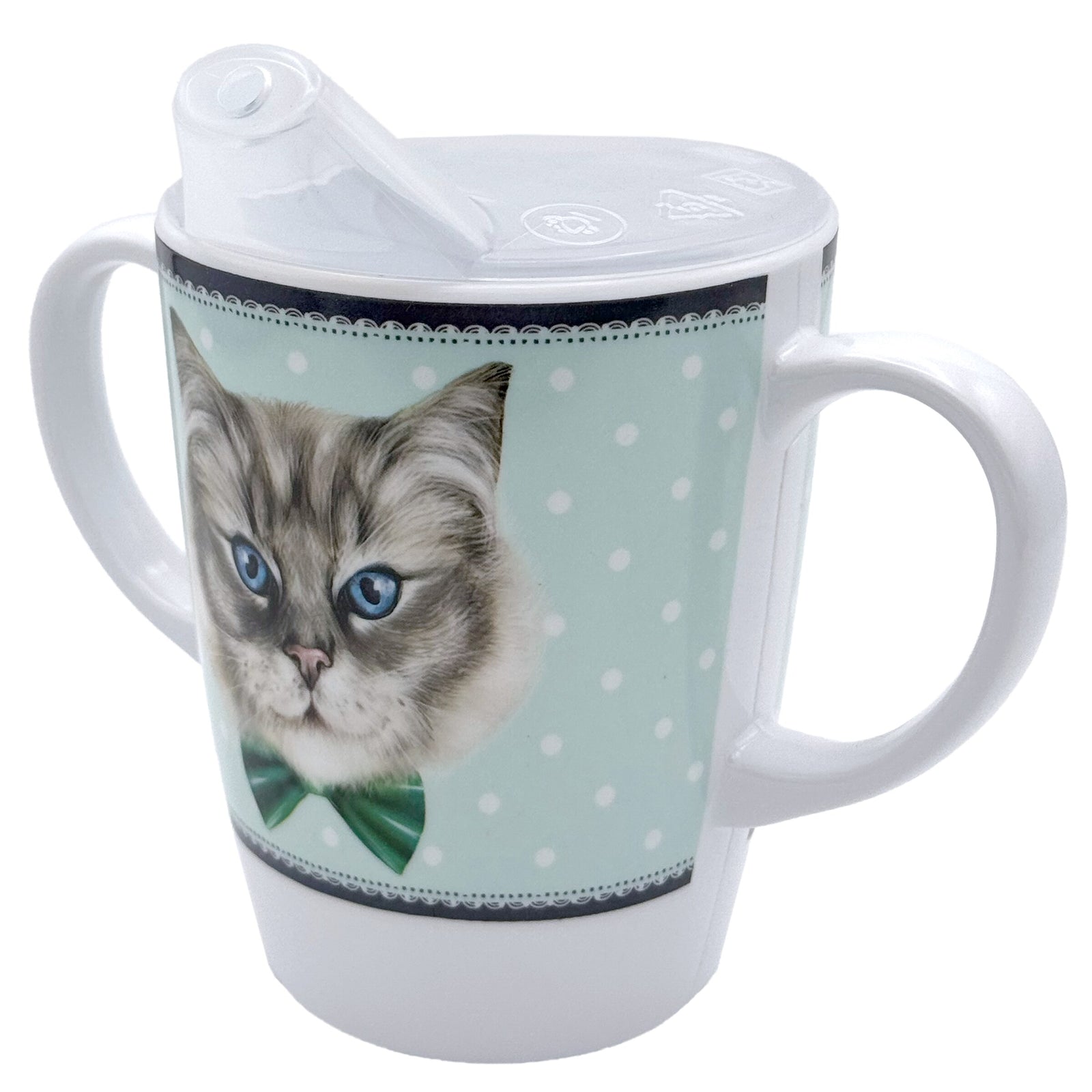 Two handled melamine mug with spouted lid - cat