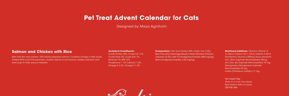 Pet treat advent calendar for cats with text on a red background