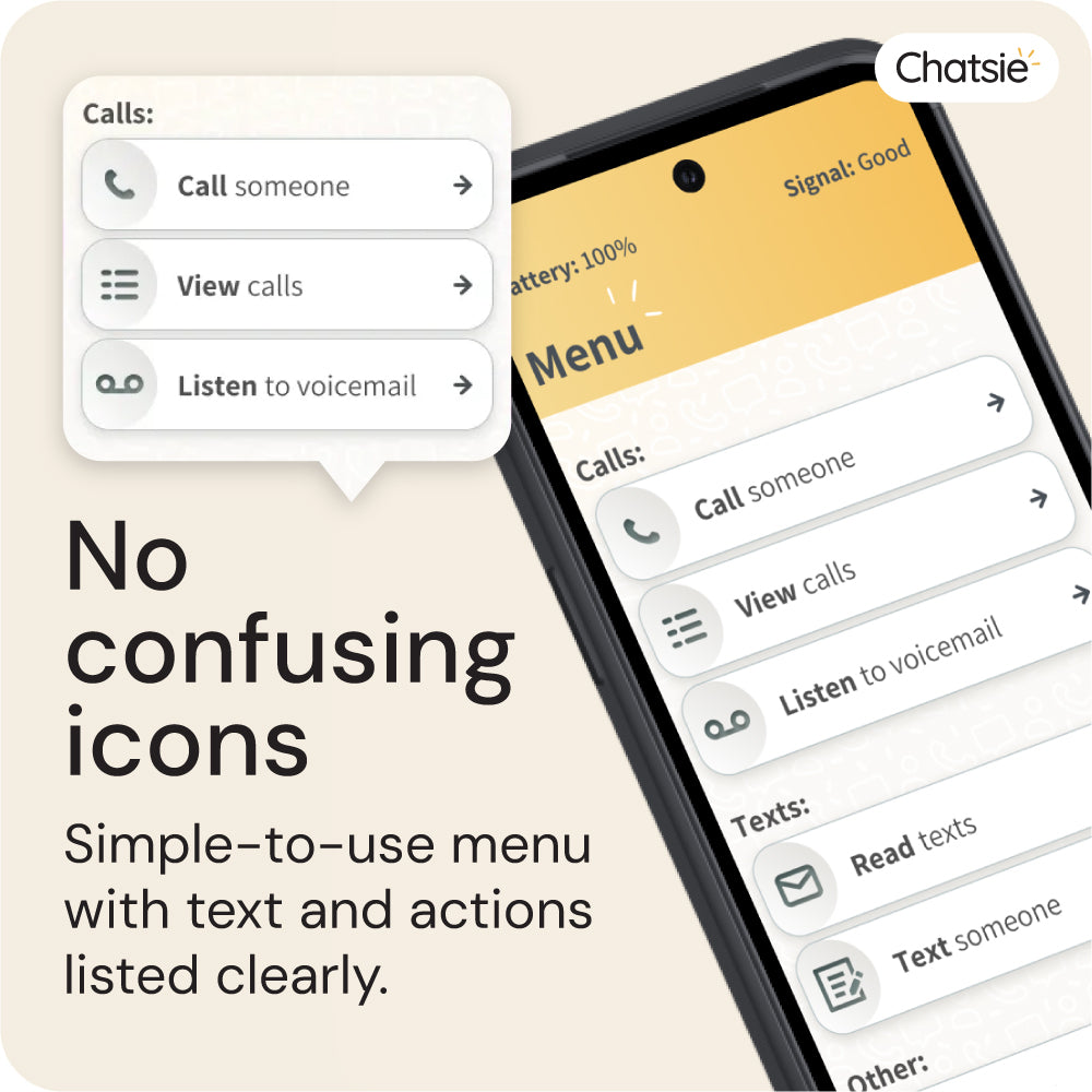 Phone screen with menu options and 'Chatsie' branding on a beige background