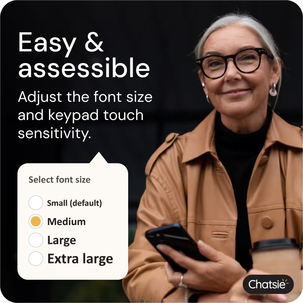 Woman holding a phone with text about font size and keypad touch sensitivity on a black background