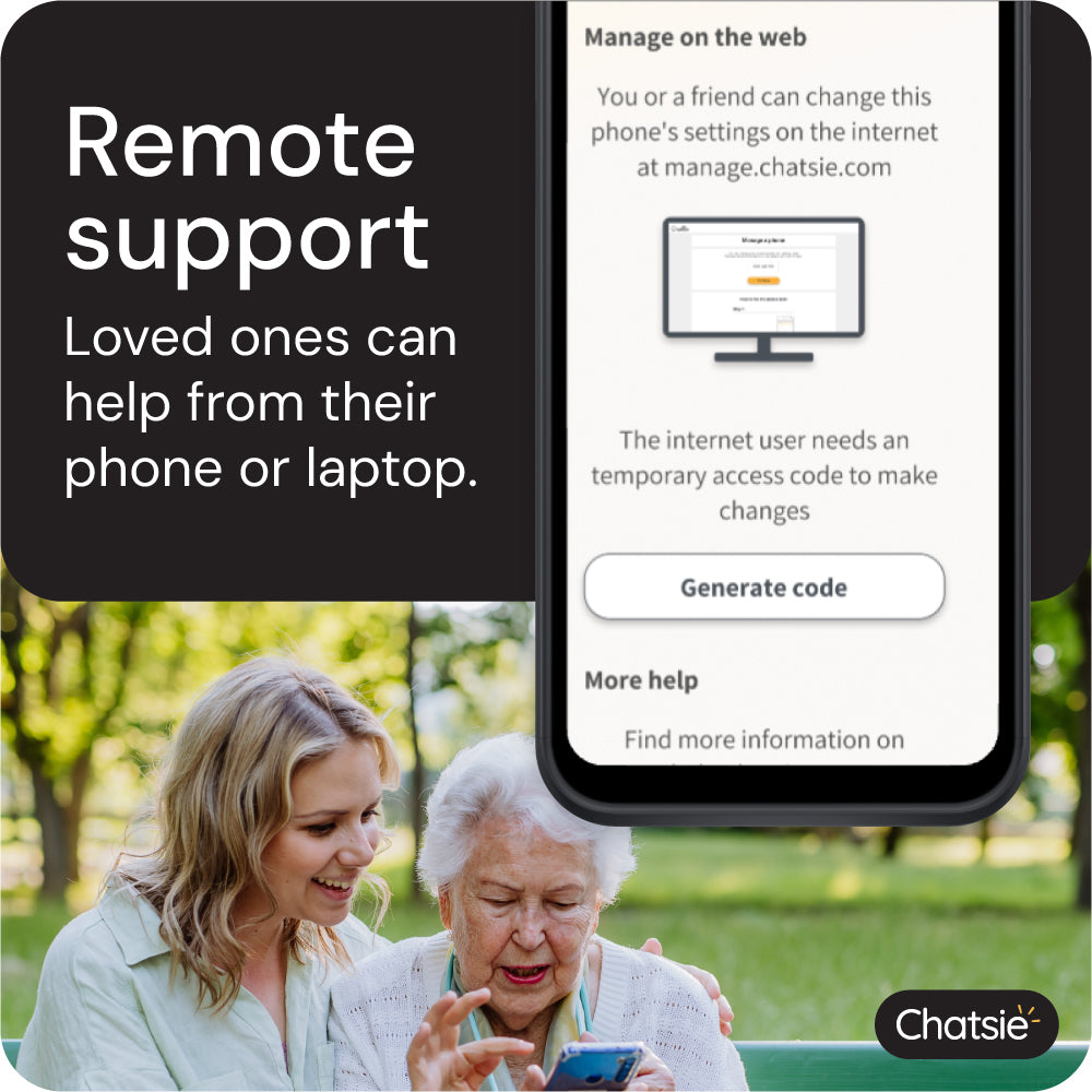 Woman showing smartphone to elderly woman with &#39;Remote support&#39; text and Chatsie logo.