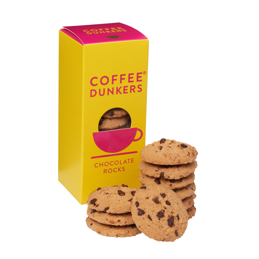 A yellow box of Coffee Dunkers Chocolate Rocks cookies with several cookies displayed in front on a white background.