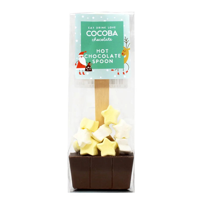 Hot chocolate spoon with fluffy star marshmallows in a packet.