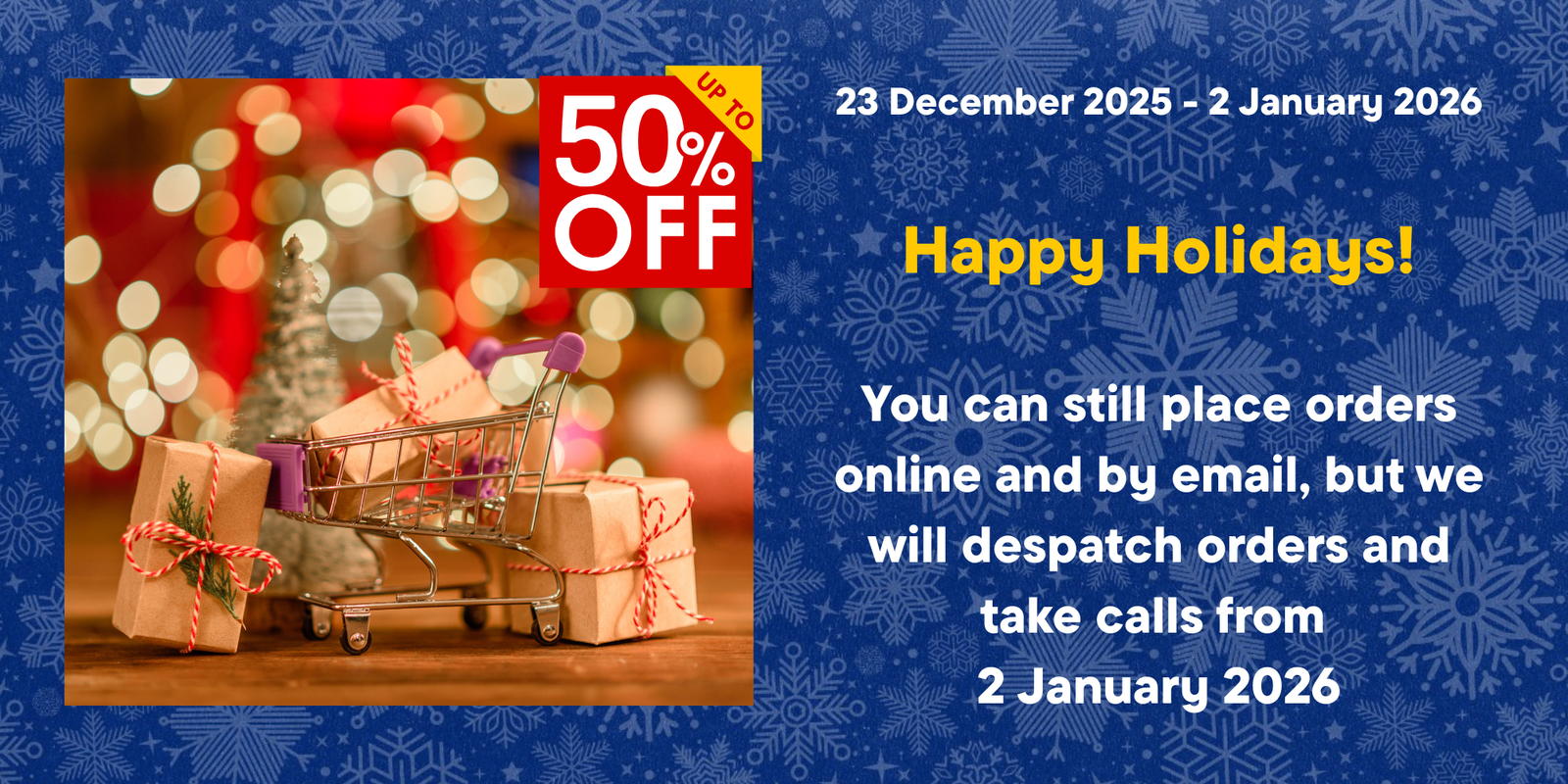 Promotional graphic with shopping cart, Christmas tree, and gifts on a blue background with festive text.
