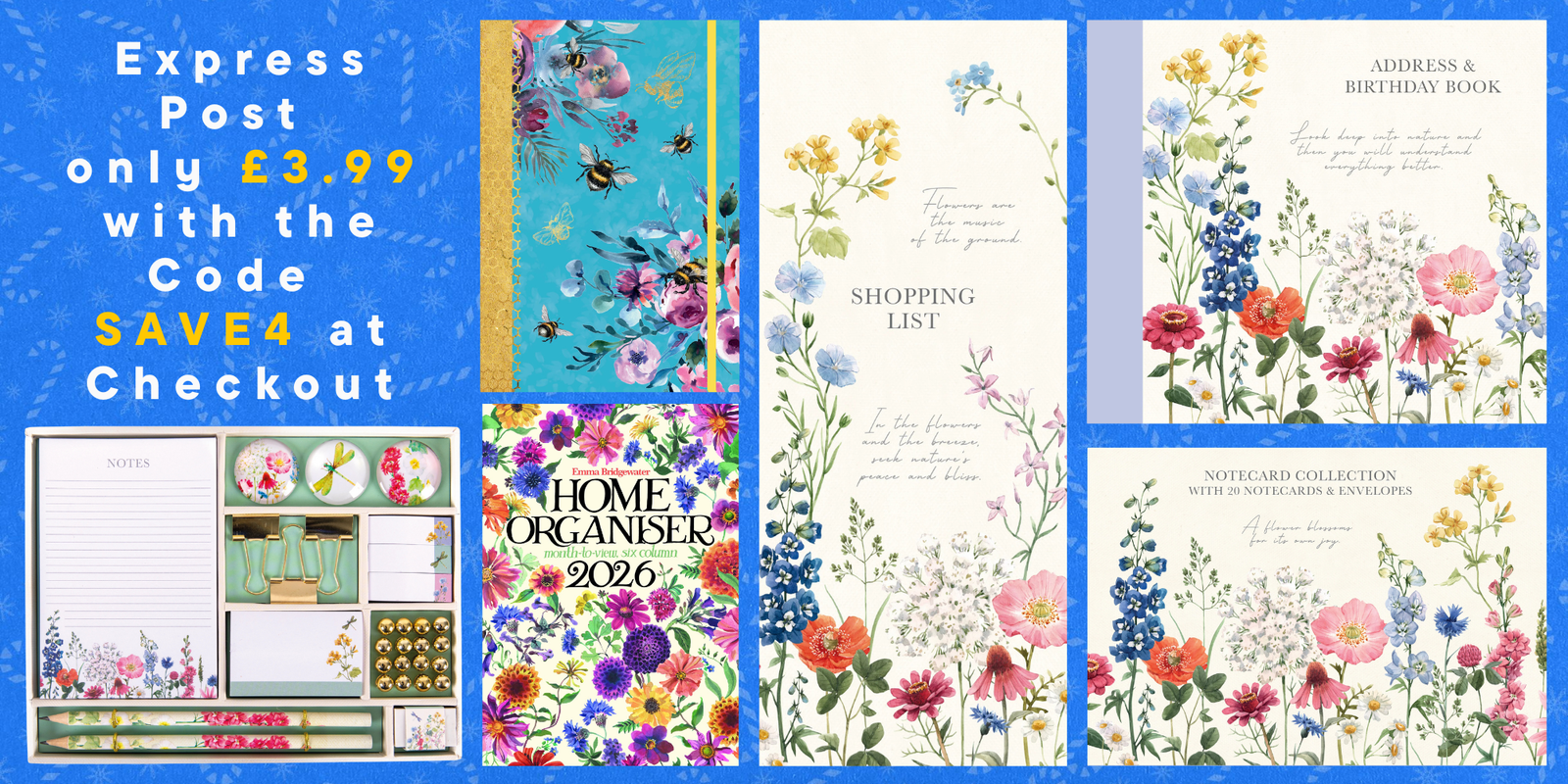 Collection of floral gift stationery with a code for express post of SAVE4