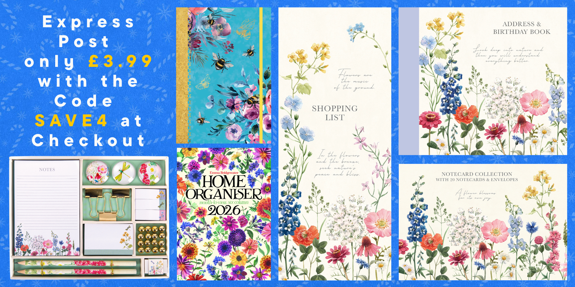 Collection of floral gift stationery with a code for express post of SAVE4