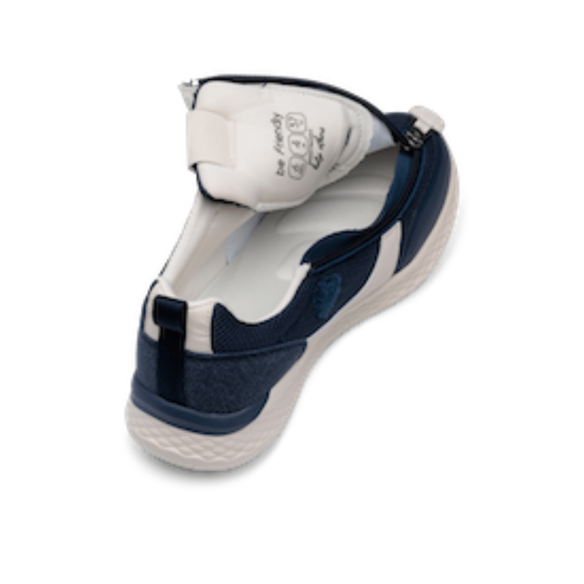 Blue and white zipper sneakers unzipped