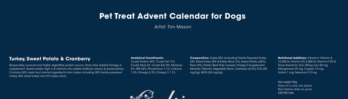 Pet treat advent calendar for dogs with text and branding on a blue background