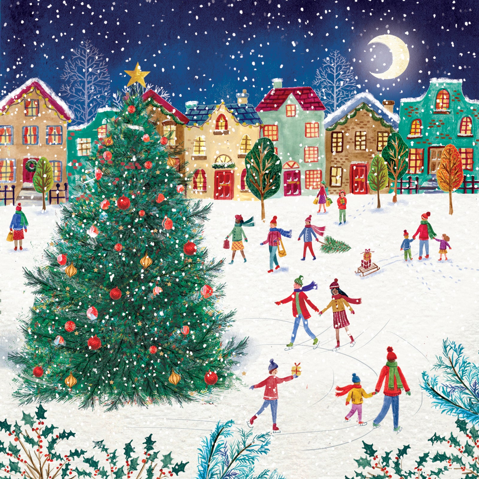 Illustrative village scene at Christmas with ice skaters, a row of colourful houses and a giant Christmas tree.