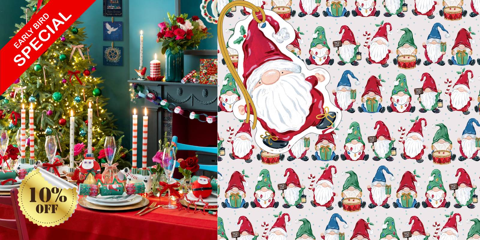 A festive Christmas-themed promotional collage with a decorated tree, candlelit table, and a large pattern panel showing a Gnome motif repeated giftwrap and tag. A red diagonal banner says 'EARLY BIRD SPECIAL' and a gold badge says '10% OFF'.