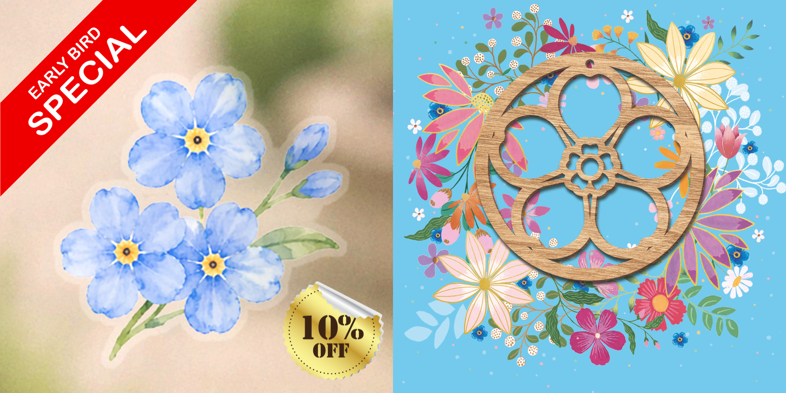 Forget-me-not window sticker and floral greeting card with removable wooden flower decoration, shown side by side as part of an Early Bird Special 10% offer.