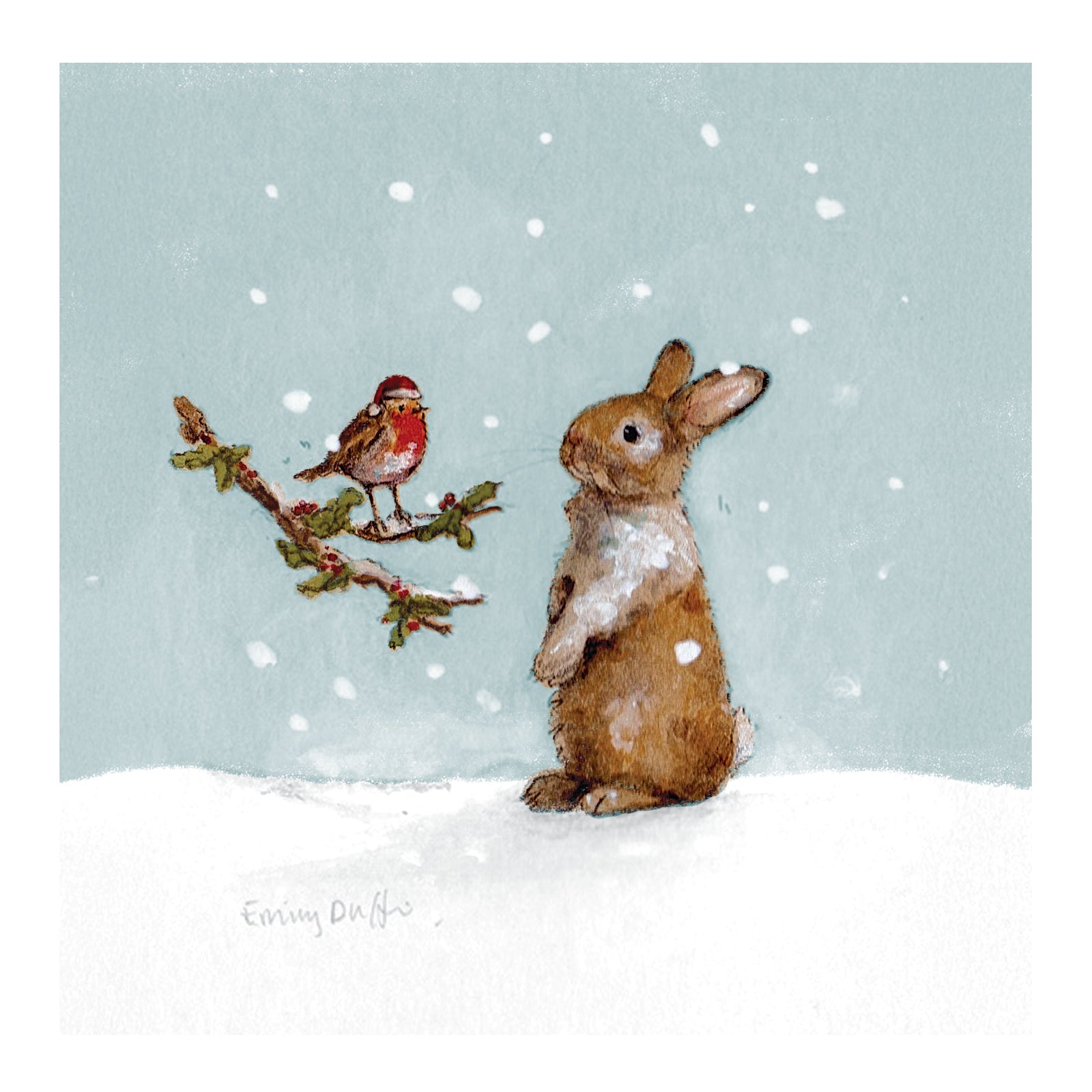 Illustrative bunny and robin in a Christmas hat on a snowy scene background.