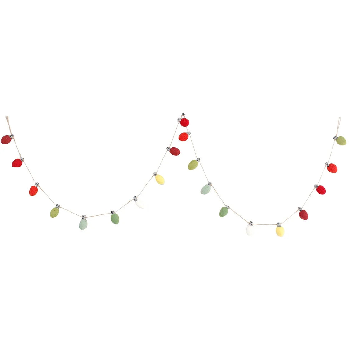 A festive Christmas felted garland featuring colourful, teardrop-shaped lights in red, green, yellow, and white, strung along a thin string against a plain white background.