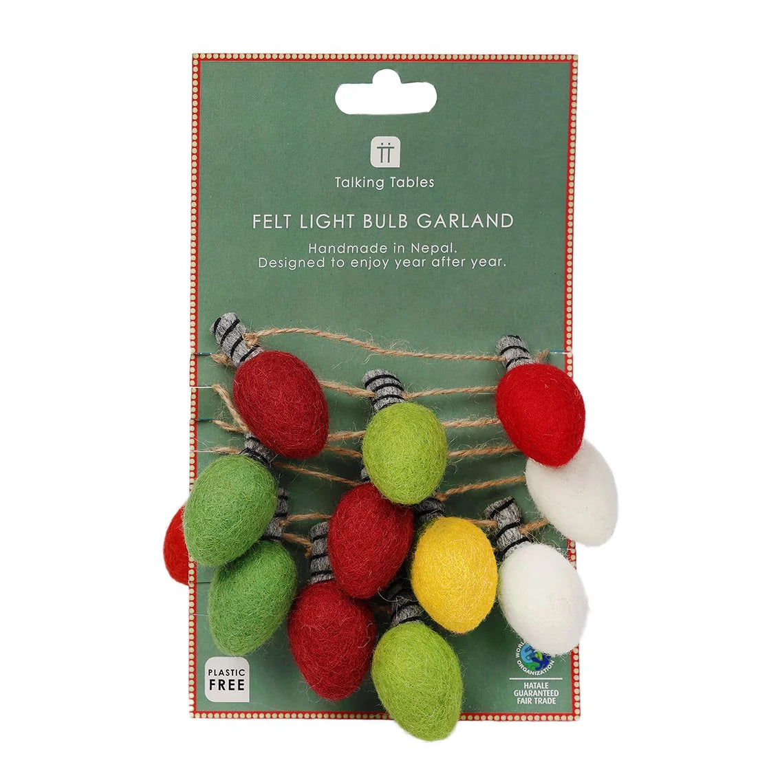 Felt light bulb garland packaging with colorful bulbs on a green background