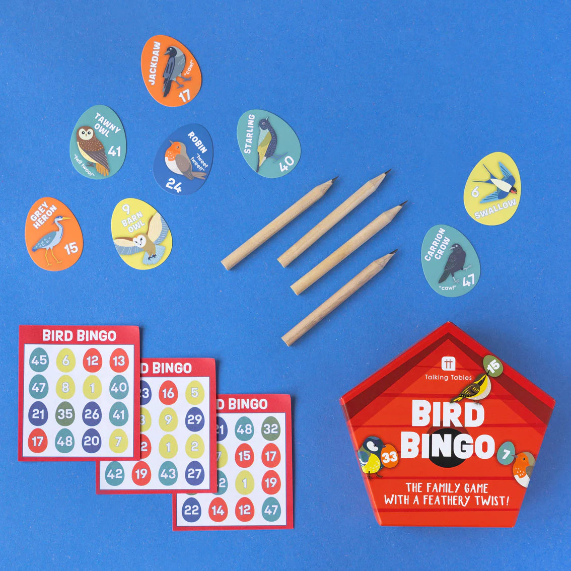 Bird Bingo game set with cards, markers, and bird-themed stickers on a blue background