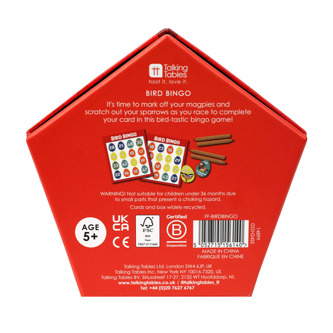 Back of a red Talking Tables Bird Bingo game box with text and product images.