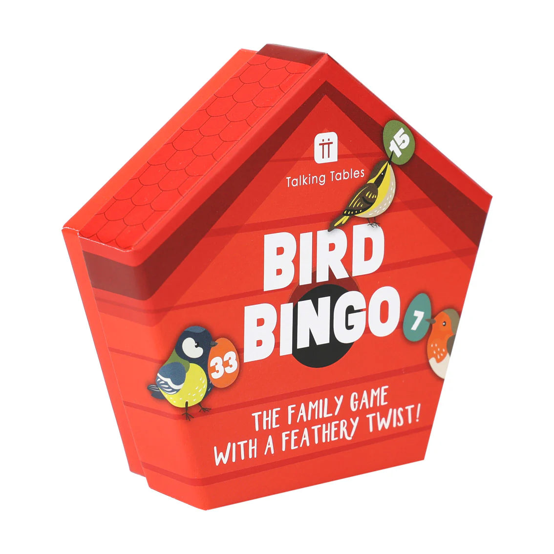 Red hexagonal box of Bird Bingo game by Talking Tables on a white background