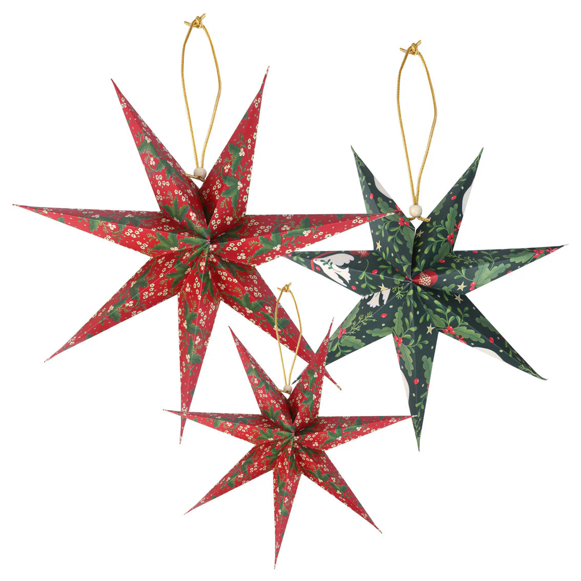 Three star-shaped Christmas ornaments in red and green on a white background