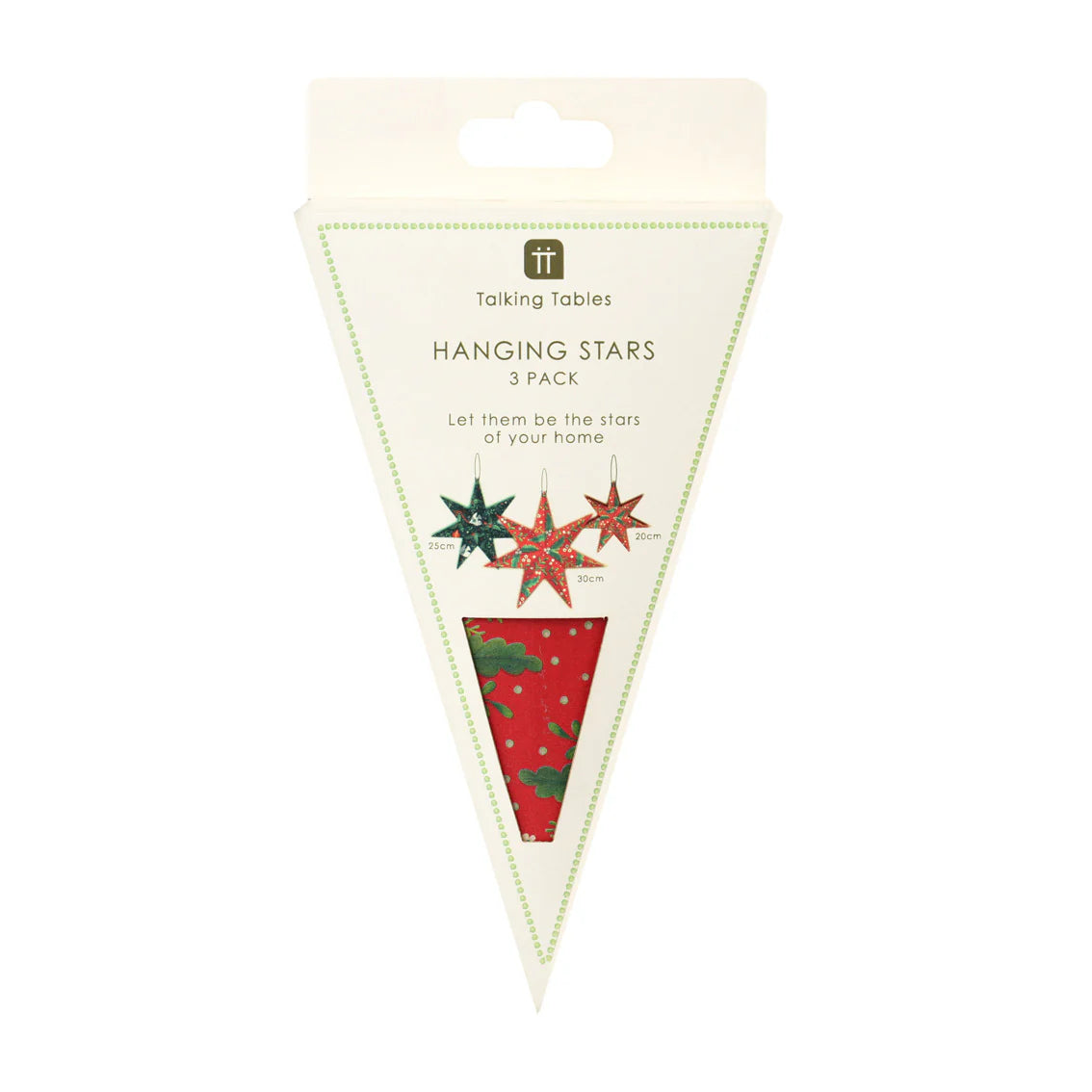 Packaging of Talking Tables hanging stars with Christmas designs on a white background