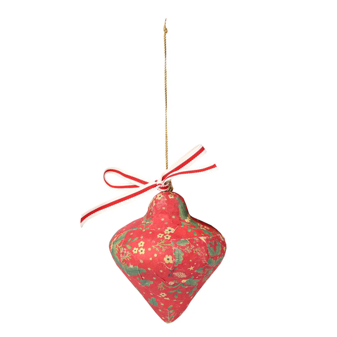 Red heart-shaped ornament with floral pattern and red ribbon on a white background