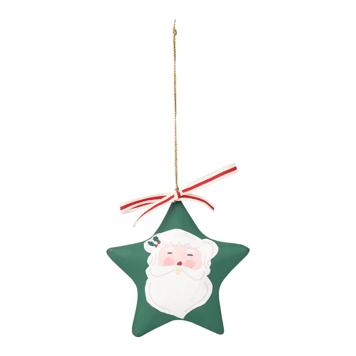 Star-shaped Christmas ornament with Santa Claus face on a white background