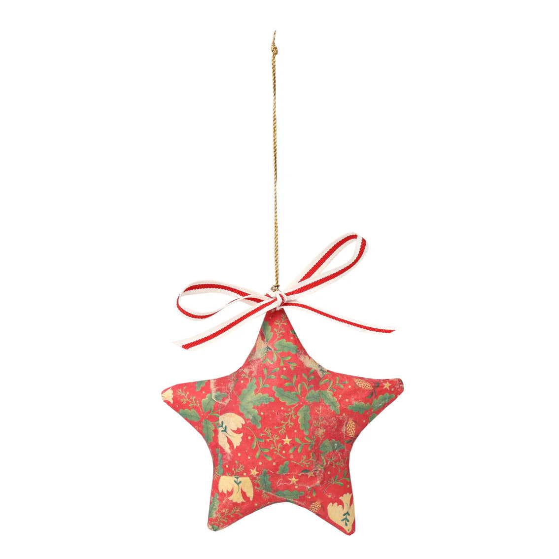 Star-shaped Christmas ornament with a red ribbon on a white background