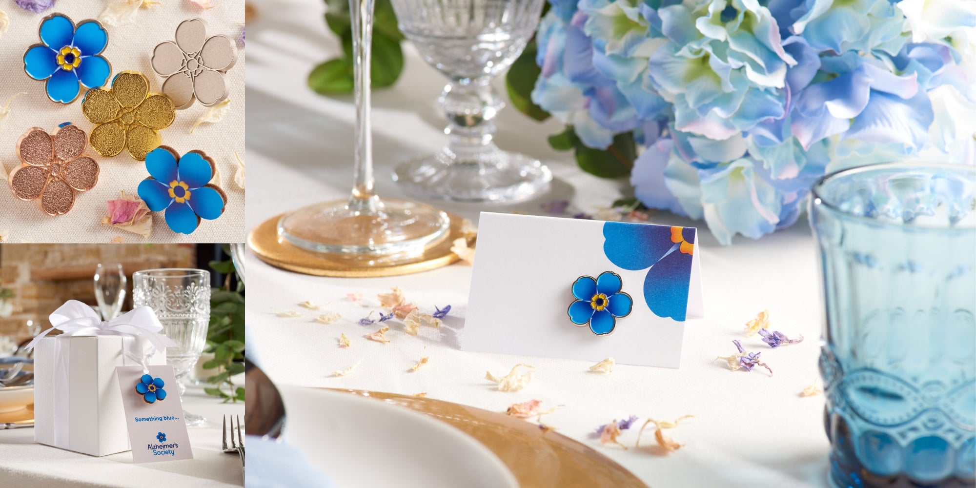 Forget-me-not pin badges in different materials e.g. metal or bamboo on a table set for a wedding