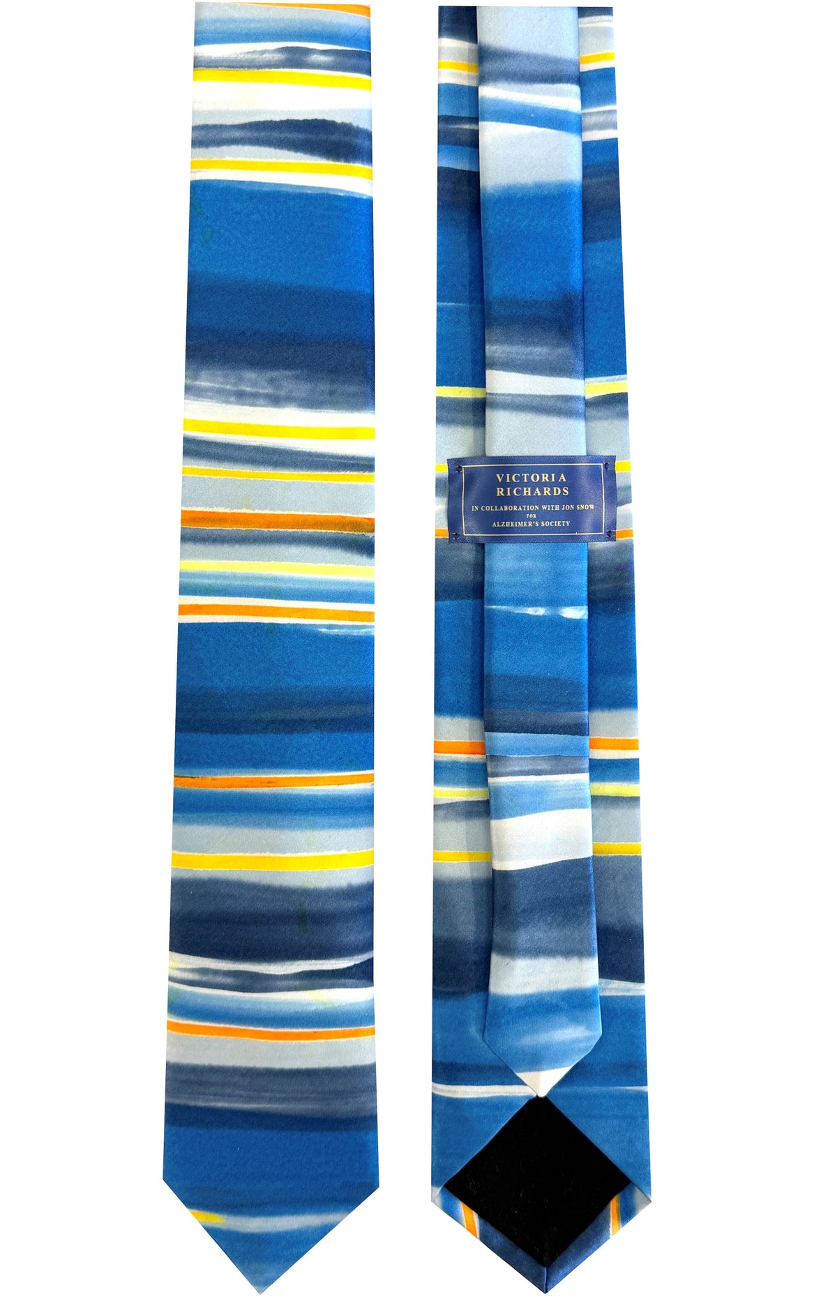 A blue striped necktie with horizontal bands of navy, royal blue, white, yellow, and orange, shown in both front and back views on a white background. A small blue label reading Victoria Richards is visible on the back view.