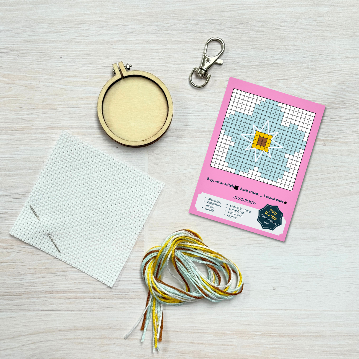 Contents to make a Forget-me-not cross stitch keyring