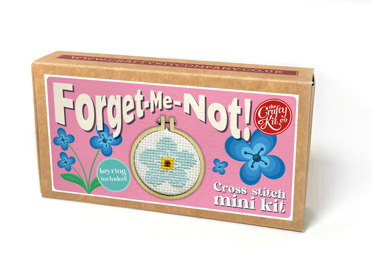 A Forget-me-not mini cross stitch mini kit in a box