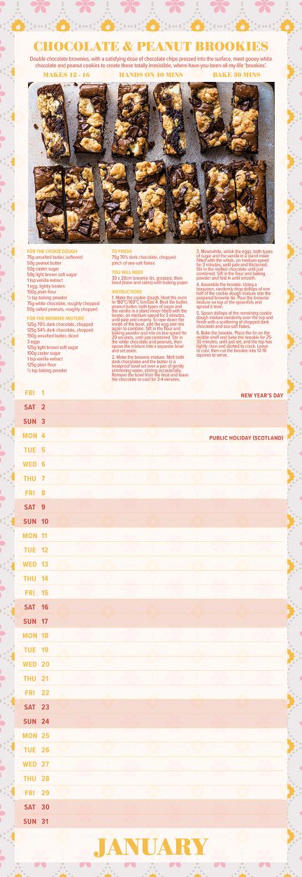 A vertical printable recipe card for chocolate and peanut butter cookies, featuring a photo of the baked cookies at the top, recipe text below, and a monthly schedule grid for January with pink highlighted days.