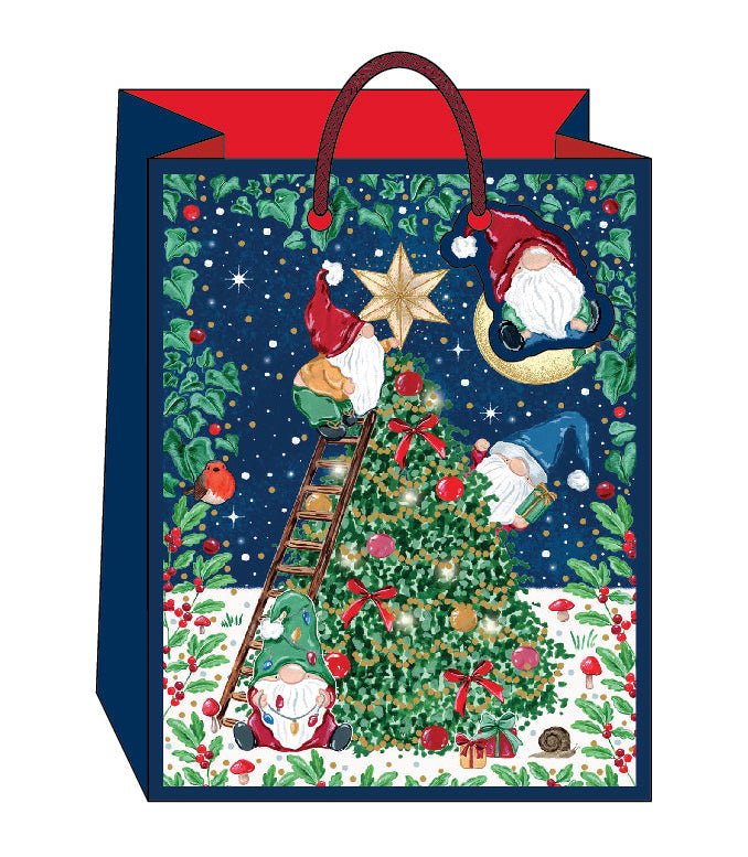 Festive tree and gnomes Christmas design gift bag with tag on a white background.