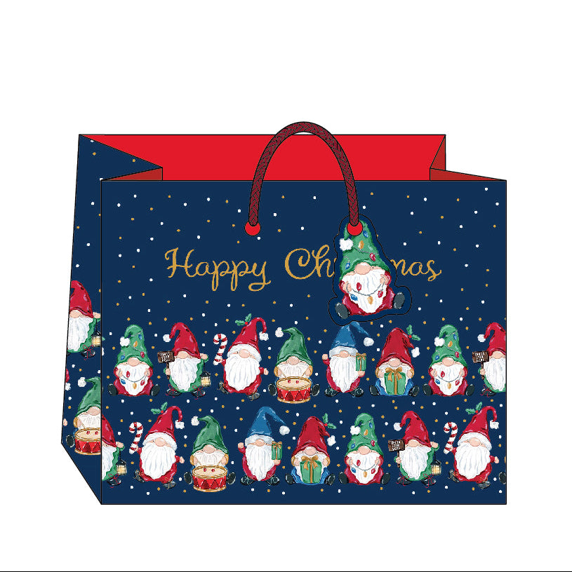 Christmas gnomes design landscape gift bag with matching tag on a white background.