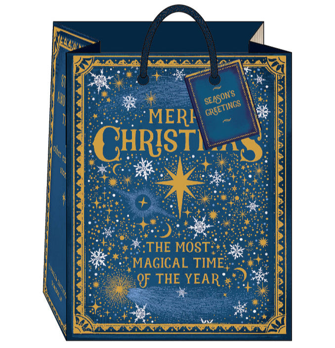 Decorative Christmas gift bag with festive text and designs on a white background